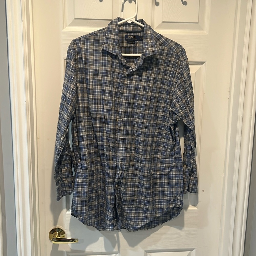 Polo by Ralph Lauren dress shirt.  Size large, grey/blue